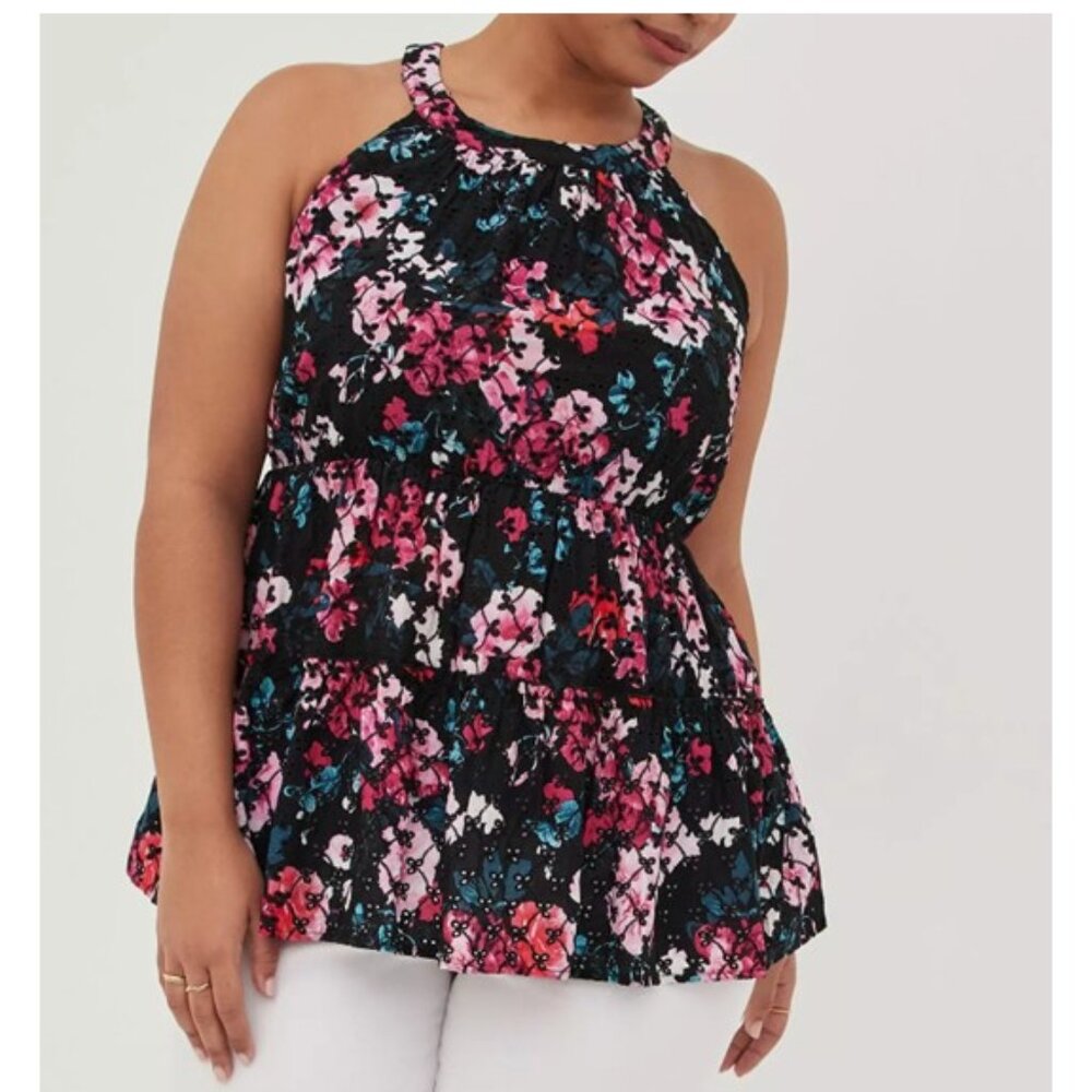 NWT Torrid Floral Eyelet Babydoll Halter Tiered Flowy Top Feminine Boho Size 1X